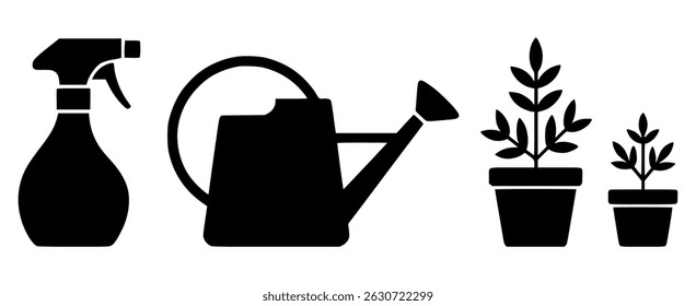 Gardening tools with plants in pots black and white illustration
