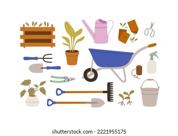 Gardening tools. Plants in pots, watering can, seedlings, seeds, scissors, shovel, pitchfork, watering can, bucket, pruner, wheelbarrow. Happy gardening.