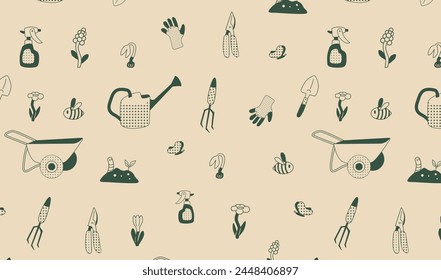 Gardening tools and plants seamless pattern. Wheelbarrow, flowers, watering can, shovel and other garden elements. Beige green design for textile, wallpaper, and wrapping paper.