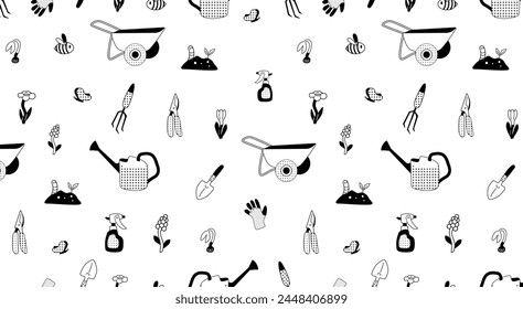 Gardening tools and plants seamless pattern. Wheelbarrow, flowers, watering can, shovel and other garden elements. Black and white design for textile, wallpaper, and wrapping paper.