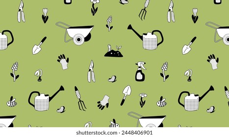 Gardening tools and plants seamless pattern. Wheelbarrow, flowers, watering can, shovel and other garden elements. Green black design for textile, wallpaper, and wrapping paper.