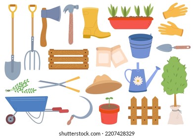 Gardening tools and plants set. Rubber boots, seedling, gardening can and cutter. Fertilizer, glove, insecticide, wheelbarrow and watering can. Cartoon flat vector illustration