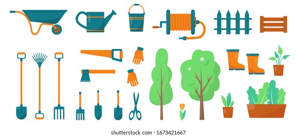 Gardening tools and plants. Vector illustration of elements or icons for gardening and farming. Spring or summer set.