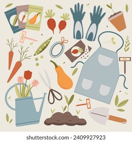 Gardening tools and plants. Vector illustration in flat style.