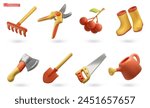 Gardening Tools. Rake, hand pruners, berries, rubber boots, axe, shovel, saw, watering can. 3d vector icon set