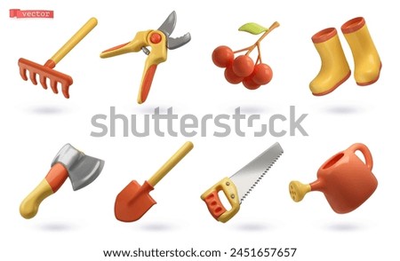Gardening Tools. Rake, hand pruners, berries, rubber boots, axe, shovel, saw, watering can. 3d vector icon set