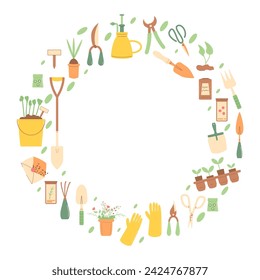 Herramientas de jardinería marco redondo conjunto aislado sobre fondo blanco. Equipo de horticultura de primavera en forma de círculo. Plantar y trabajar en la cubierta del patio trasero. Semillas, pala y muestra. Ilustración plana vectorial.