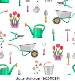 Gardening tools seamless pattern. Bucket, wheelbarrow, shovel, pitchfork, rake, pruner, watering can, plant in pot, sprout on white background. Vector illustration in cartoon simple flat style.
