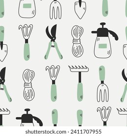 Gardening tools seamless pattern doodle. Hand drawn endless background with items for garden. Repeat vector illustration with hand trowel, rake, pruner, sprayer, twine