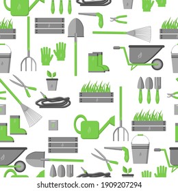 Gardening tools seamless pattern, gray-green objects in flat style on white background vector illustration