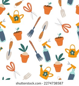 Gardening tools seamless pattern. Perfect for fabric, wallpaper, scrapbboking, textile, baby and children products. Vector cute hand drawn print illustration ated on the white background.