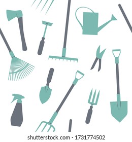 Gardening tools seamless pattern. Repetitive vector illustration on transparent background. Trowel, shovel, rake, pitchfork, pruning shears, watering can. EPS 10.