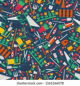 Gardening tools in seamless pattern, vector illustration. Set of isolated icons for garden in flat style. Gardener tools and equipment, work in orchard. Wrapping paper print for packaging products