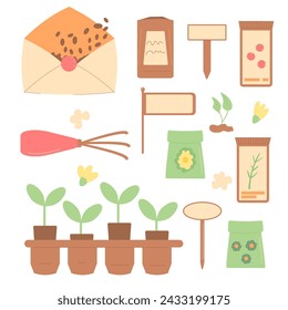 Gardening tools for seeding. Spring horticulture items. Planting flowers and vegetables at home. Vector flat illustration.