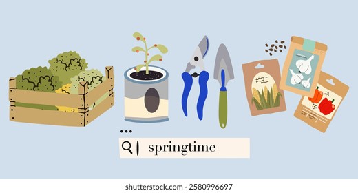Gardening tools, seedling and flowers in flat cartoon style. Set of gardening items. Springtime stickers for poster and greeting cards. Caring for garden