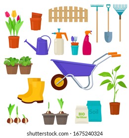 Gardening tools, seedlings in pots and compost. Vector illustration on white background 