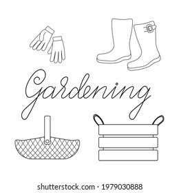 Gardening tools set of basket, box, boots and gloves with lettering outline simple minimalistic flat design vector illustration isolated on white background