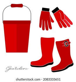Gardening tools set of bucket, gloves and gumboots in red colour simple minimalistic flat design vector illustration isolated on white background