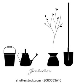 Gardening tools set of bucket, watering can, spade and tree negative outline simple minimalistic flat design vector illustration isolated on white background