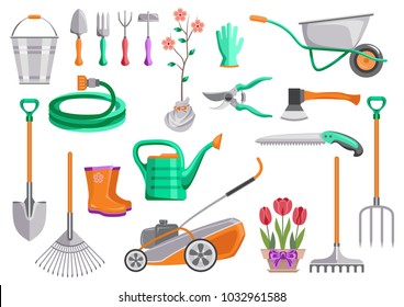 Gardening tools set. Bucket, wheelbarrow, shovel, pitchfork, rake, lawnmower, watering hose, pruner, ax, saw, watering can, plant in pot, sprout. Vector isolated flat cartoon illustration, icons.