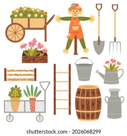 La decoración está compuesta por herramientas de jardinería: carreta de flores, cajas, barril, espantapájaros, horquilla, pala, escalera, lata, cubo, lata de riego. Recorte de la mano del vector
