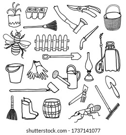 Gardening tools set in doodle style isolated on white background. Garden tools concept. Equipment for agriculture. Hand drawn vector  illustration.