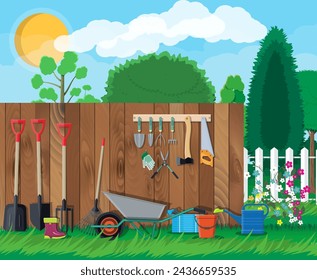 Gardening tools set. Equipment for garden. Saw bucket ax wheelbarrow hose rake can shovel secateurs gloves boots. Wooden fence, flower, grass, tree, sky, cloud. Vector illustration in flat style