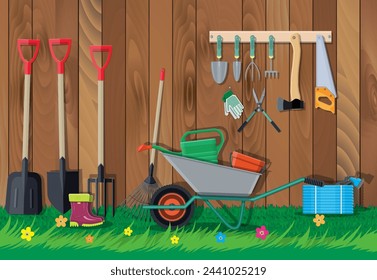 Gardening tools set. Equipment for garden. Saw bucket ax wheelbarrow hose rake can shovel secateurs gloves boots. Wooden fence, flower, grass. Vector illustration in flat style