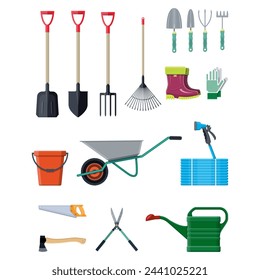 Gardening tools set. Equipment for garden. Saw bucket ax wheelbarrow hose rake can shovel secateurs gloves boots. Vector illustration in flat style