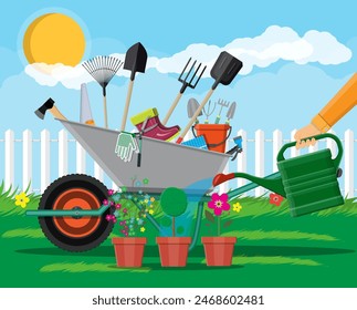 Gardening tools set. Equipment for garden. Saw bucket ax wheelbarrow hose rake can shovel secateurs gloves boots. Wooden fence, flower, grass, tree, sky, cloud. Vector illustration in flat style