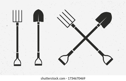 Gardening tools set. Farm icons isolated on white background. Shovel and pitchfork icons. Vector illustration