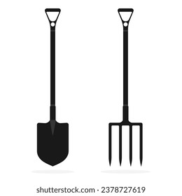 Gardening tools set. Farm icons isolated on white background. Shovel and pitchfork icons. Vector illustration
