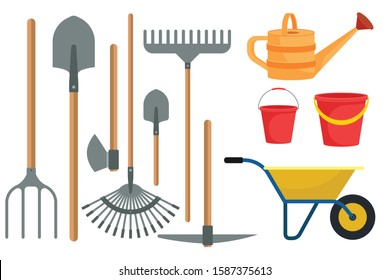 Gardening tools set in flat design vector illustration isolated on white background