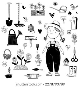 Gardening tools set, flowers, pot, plants and nice gardener girl. Cute simple hand drawn illustration, vintage line art stickers set isolated on a white background.