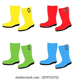 Gardening tools set of four pairs of gamboots in different colours outline simple minimalistic flat design icon vector illustration isolated on white background
