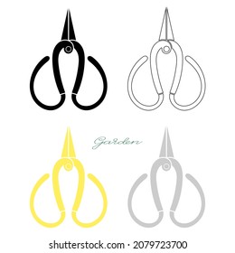 Gardening tools set of four scissors outline, negative, gold and silver outline simple minimalistic flat design icon vector illustration isolated on white background