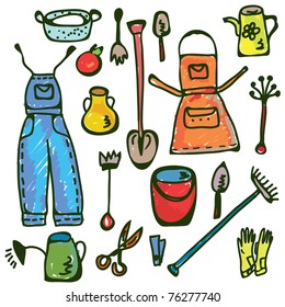 Gardening tools set funny doodle in colors