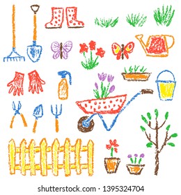 Gardening tools set. Garden or farm instruments. Like child hand drawing equipment. Crayon, pencil or pastel chalk isolated vector flower, watering can, shovel, fence, cart, rubber boots, plant, rake