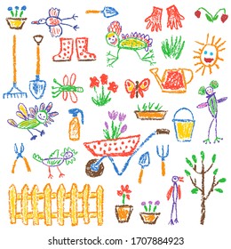 Gardening tools set. Garden or farm instruments. Like child hand drawing equipment. Crayon, pencil or pastel chalk isolated vector flower, watering can, shovel, fence, cart, rubber boots, plant, rake