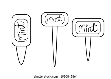Gardening tools set of garden seed markers for mint outline simple minimalistic flat design vector illustration isolated on white background