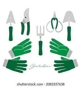 Gardening tools set of gloves, trowels, hand fork, scissors and pruners in green colour simple minimalistic flat design vector illustration isolated on white background