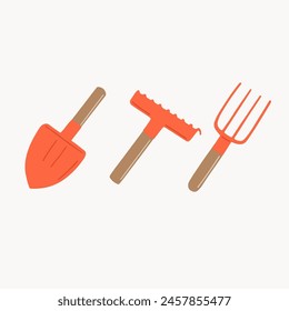 Gardening tools set in hand drawn style. Shovel, pitchfork, rake. Trendy doodle style. Flat vector illustration isolated on white background.