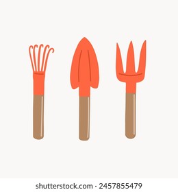 Gardening tools set in hand drawn style. Shovel, fork, rake. Trendy doodle style. Flat vector illustration isolated on white background.