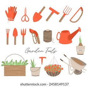 Gardening tools set in hand drawn style. Watering can, gloves, pruner, scissors, hedge, shears, fork, rake, wheelbarrow. Trendy doodle style. Flat vector illustration isolated on white background