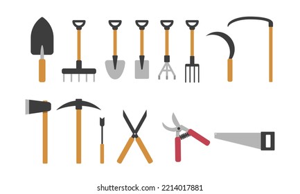 Gardening tools set icon for web. Garden items sign flat vector design. Trowel, axe, shovel, spade, rake, pitchfork, hoe, mattock, trowel, sickle, scythe, pruning saw, secateurs pruner clipart logo