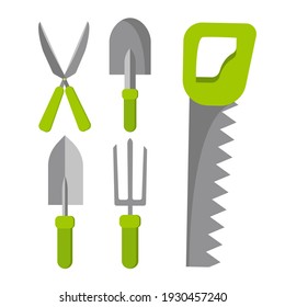 Gardening tools set isolated on white background. Bucket, shovel, pitchfork, rake, pruner, ax, saw, watering can, garden shovels. Vector illustration in cartoon simple flat style.