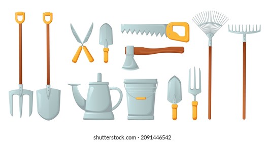 Gardening tools set isolated on white background. Shovel, bucket, pitchfork, rake, pruner, ax, saw, watering can, garden shovels and fork for loosening the earth. Vector illustration in a flat style.