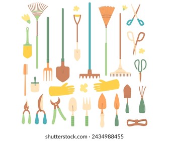 Gardening tools set isolated on white background. Spring horticulture equipment. Planting and work in backyard cover. Scissors, broom shovel and other items. Vector flat illustration.