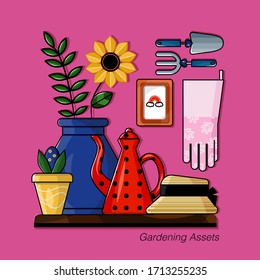 Gardening tools set, items, flat, isolated vector illustration, blue vase, sunflower bouquet, gloves, sun hat, vintage red kettle, wall frame with rainbow picture, minimalistic, black outline.
