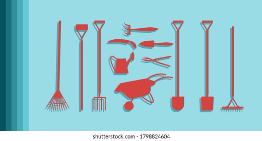 Gardening tools set - light background - vector. Banner horizontal